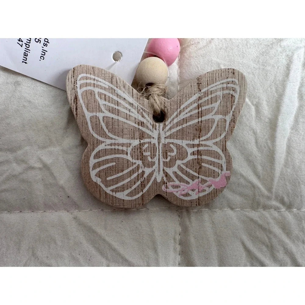 Dolly Parton NEW Pink Wood Bead Garland Butterfly Charm Jute Tassel 30 Inch